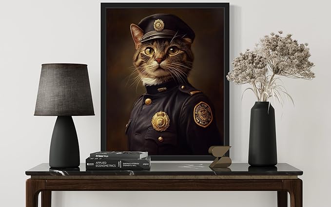Police Cat Art Poster Print, Cat Kitten Painting Humor Portrait Pet Artwork Decor Gallery A8 (Police, 11 x 14 inches, Black Frame)