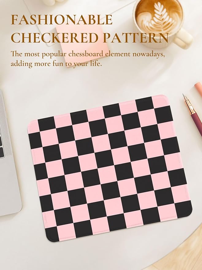 Cute Pink Mouse Pad,Retro Checkered Pattern Mousepad,Square Aesthetic Plaid Waterproof Grid Mouse Mat Design, Non-Slip Rubber Base Computer Funny Boho Mouse Pads, Desk Accessories,Black Pink