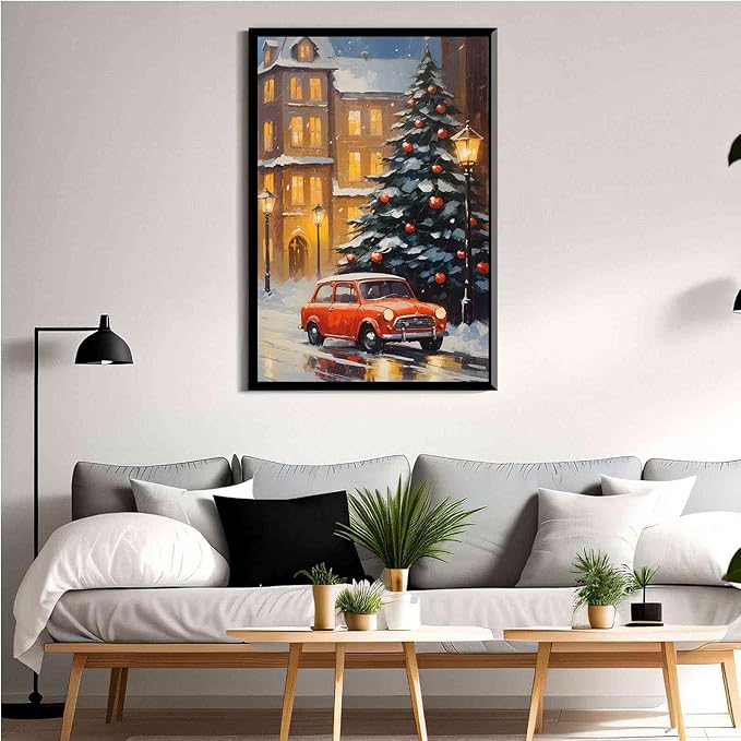 Framed Canvas Wall Art Snowy Christmas tree and red car art print Christmas in the city classic timeless red car snow cosy winters day 12x18in Metal blackFramed