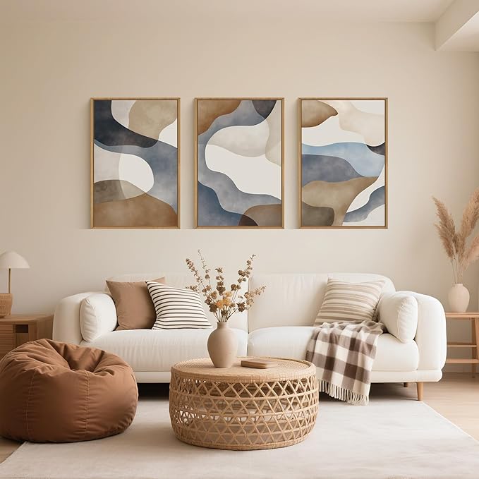 Large Abstract Watercolor Block Framed Canvas Wall Art,Colorful Neutral Geometric Wall Decor,Beige Blue and Brown Artwork,Modern Minimalist Line Art Print for Living Room,Bedroom- 16"x24"x3
