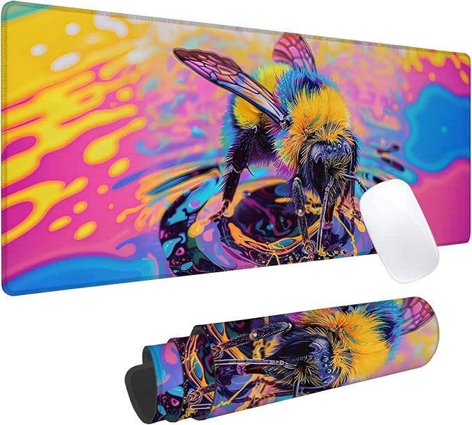 Neon Bee Gaming Mouse Pad, Office Desk Mat, Anti-Slip Rubber Base Cool Aesthetic Mouse Pads for Computer Laptop Keyboard School Home Desktop Gamer Home Accessories Decor 31.5" x 11.8"