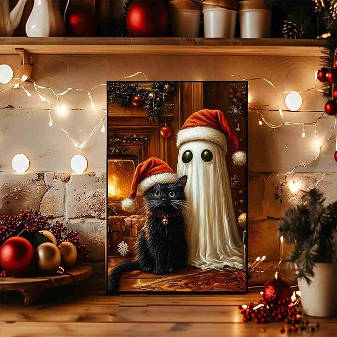 Christmas Pet Canvas Print Ghost and Cat Painting Christmas Cat and Ghost Whimsical Holiday Decor Rural Art print Indoor Decor for Home Living Room Bedroom Pet Lover Bedroom Framed Ready to Hang