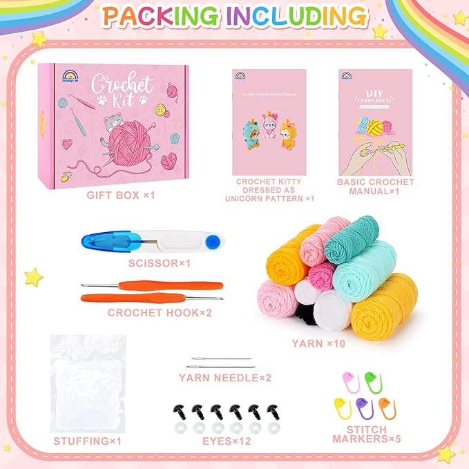 Crochet Kit for Beginners - 3 PCS Unicorn Cat Crochet Kits with Step-by-Step Video Tutorials, Beginner Crochet Kit for Adults, Crochet Animal Kit for Starters, Cat Dressed as Unicorn Set