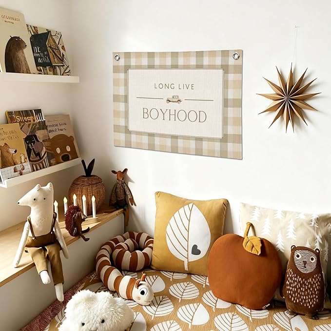 Vintage Long Live Boyhood Boys Room Decor Wall Art,Car Room Decor Linen Banner Print Wall Hanging for Toddler Dorm Playroom Nursery 30X20 Inch