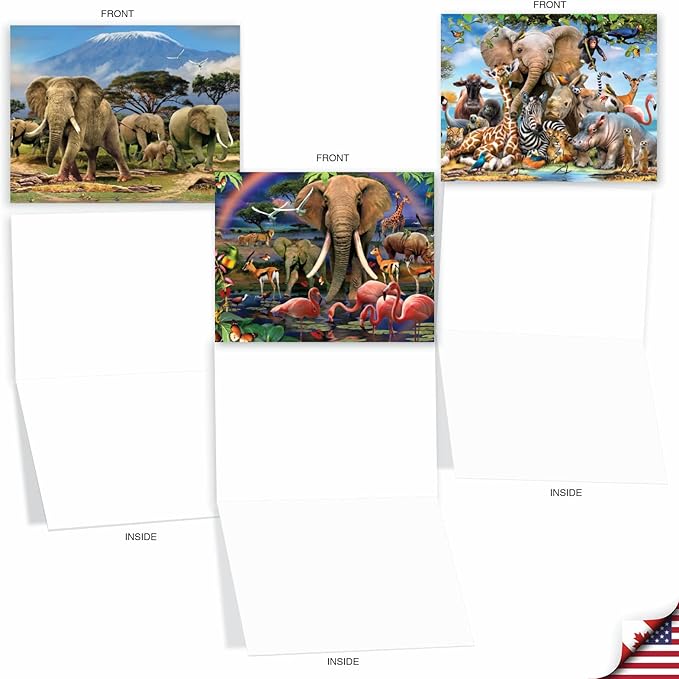 The Best Card Company - 10 Blank Animal Cards Boxed (4 x 5.12 Inch) - Assorted Pets, Zoo, Wildlife Cards for Kids - Savanna Selfies M6640OCB