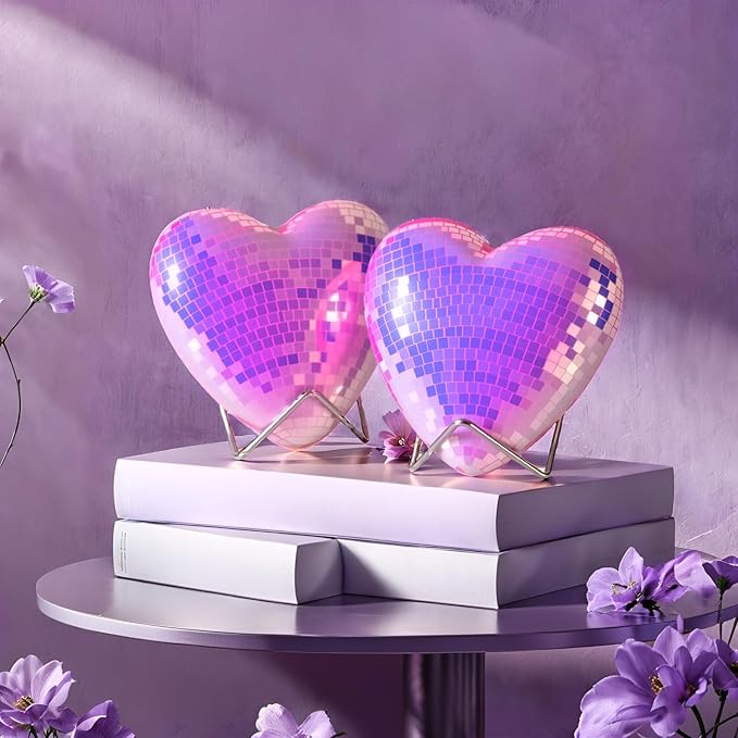 2 Pack Mirror Heart Disco Ball, Purple Reflective Hanging Decorative Ornament with Stand, Heart-Shaped Decor for Wall, Party, Room, Home, Gift Idea for Couples, Valentine's Day(4.5 inch)