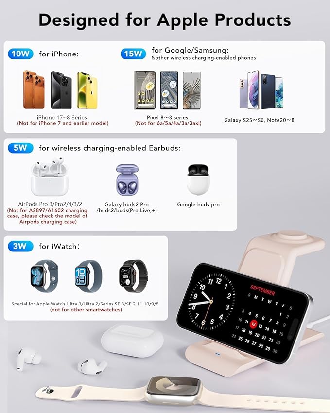 HATALKIN 3 in 1 Wireless Charging Station Compatible for Apple Products Multiple Devices Charger for Apple Watch Ultra 11 10 9 8 7 SE AirPods Pro iPhone 17 16 15 14 13 Pro Max/X/XS Fast Charger Stand