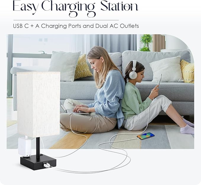 Soilsiu Bedside Table Lamps Set of 2 - Touch Nightstand Lamp for Bedroom with USB C+A Charging Ports & AC Outlets, 3-Way Dimmable Desk Lamp Flaxen Fabric Shade for Living Room Office(Bulb Included)