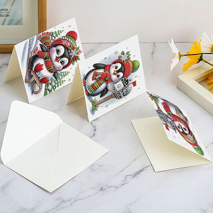 Focart Christmas Penguin Greeting Cards, Set of 6, Special Shaped Diamonds Painting, DIY Handcraft for Relatives and Friends with Wishes,Unique Design Crafting for Birthday or Holiday Cards