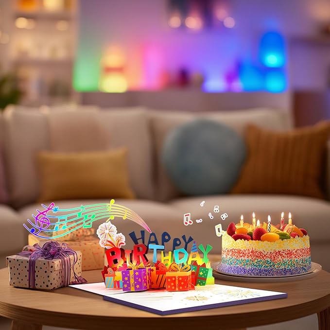 GREETING ART 3D Pop Up Birthday Cards, Light and Music Happy Birthday Card, Musical & LED Lights Birthday Cards for Women Men Kids