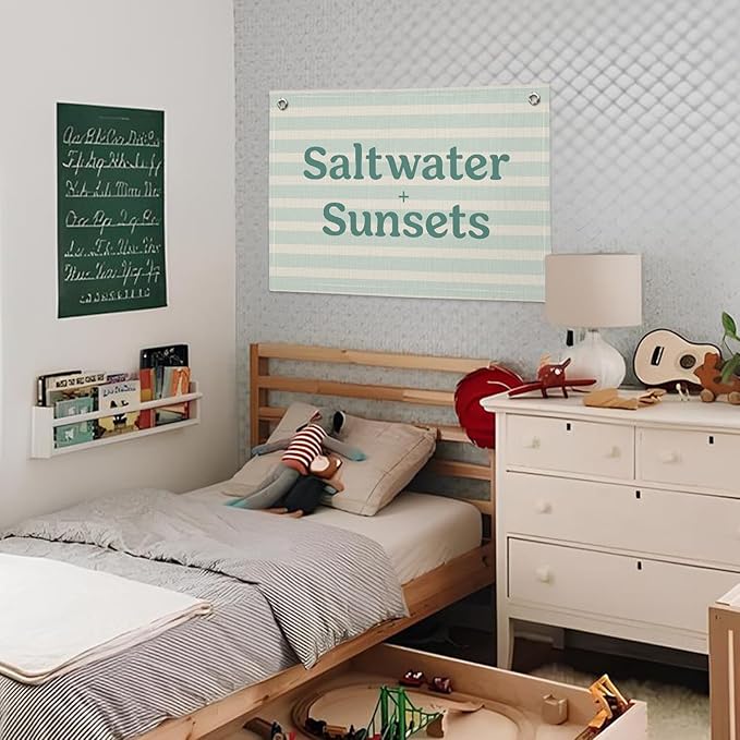Beach Room Decor, Coastal Surf Banner, Saltwater Sunsets Linen Canvas Banner Wall Hanging Flag Decor for Toddler Boy Room Nursery Playroom