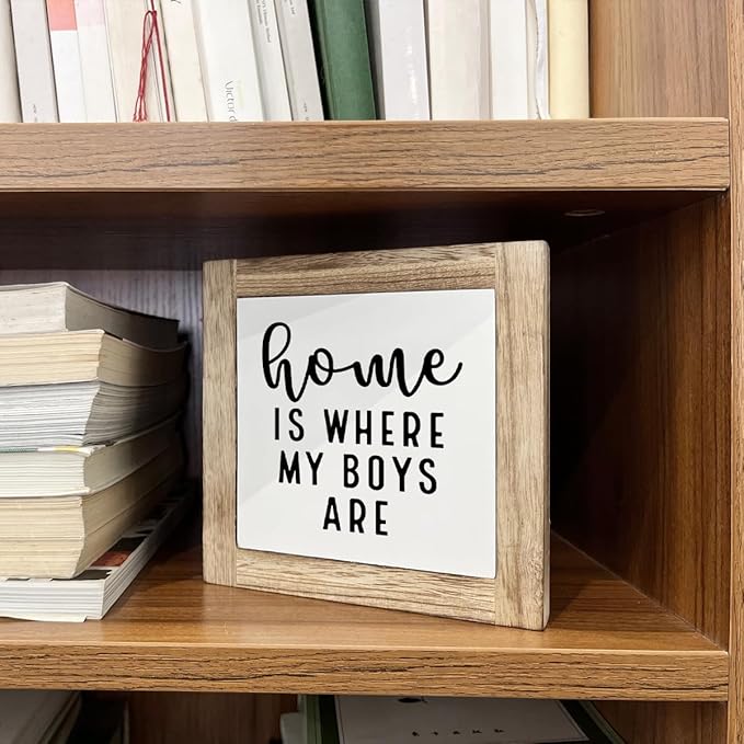 Farmhouse Table Sign, Small Wooden Plaque, Wooden Box Signs for Home Decor, Housewarming Gift, Mom Gift for Mother's Day, Holidays, Home is Where My Boys Are Sign 5.9×5.9×0.7inches