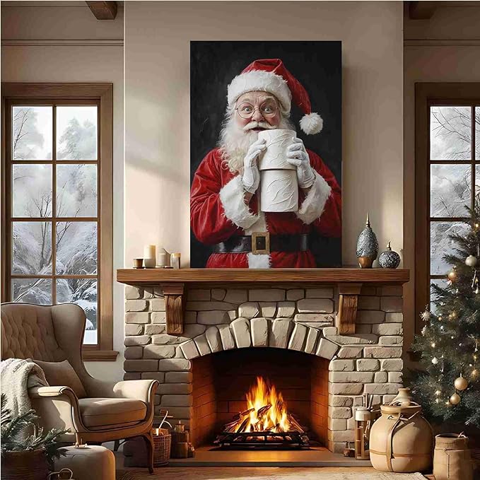 Santa Claus Canvas Print Santa with Toilet Paper Humorous Holiday Poster Holiday Evergreen Art Rural Art print Christmas Bathroom Canvas Painting Indoor Decor for Home Bathroom Living Room Funny