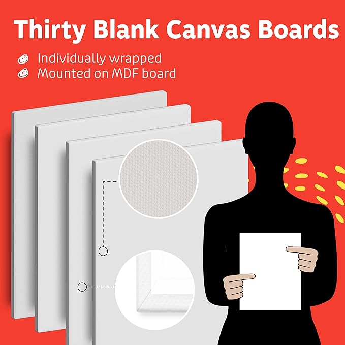 Artlicious Canvases for Painting - Pack of 30, 8 x 10 Inch Blank White Canvas Boards - 100% Cotton Art Panels for Oil, Acrylic & Watercolor Paint