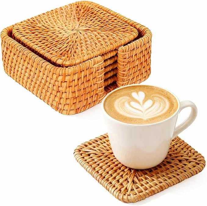 Handmade Rattan Coasters Set of 6 with Holder - Woven Aesthetic Drink Coasters for Table & Desk, Natural Boho Farmhouse Rustic Coffee Cup Pads, Home Bar Patio Table Outdoor Decor (Square)