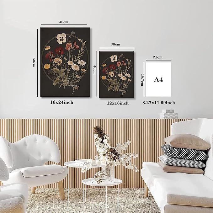 TUEASKY 3 Piece Dark Floral Canvas Wall Art Vintage Botanical Wall Art Moody Flower Decor Black Wildflower Art Prints for Living Room Bedroom Office 12x16in Framed