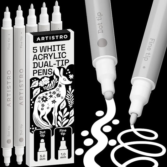 ARTISTRO 5 White Acrylic Paint Markers for Rock, Fabric, Wood, Glass, Craft, Decoration - Dual-Tip Paint Pens - Stocking Stuffers, Christmas Gift Idea for Teens, Grandkids, Kids - Art Supplies