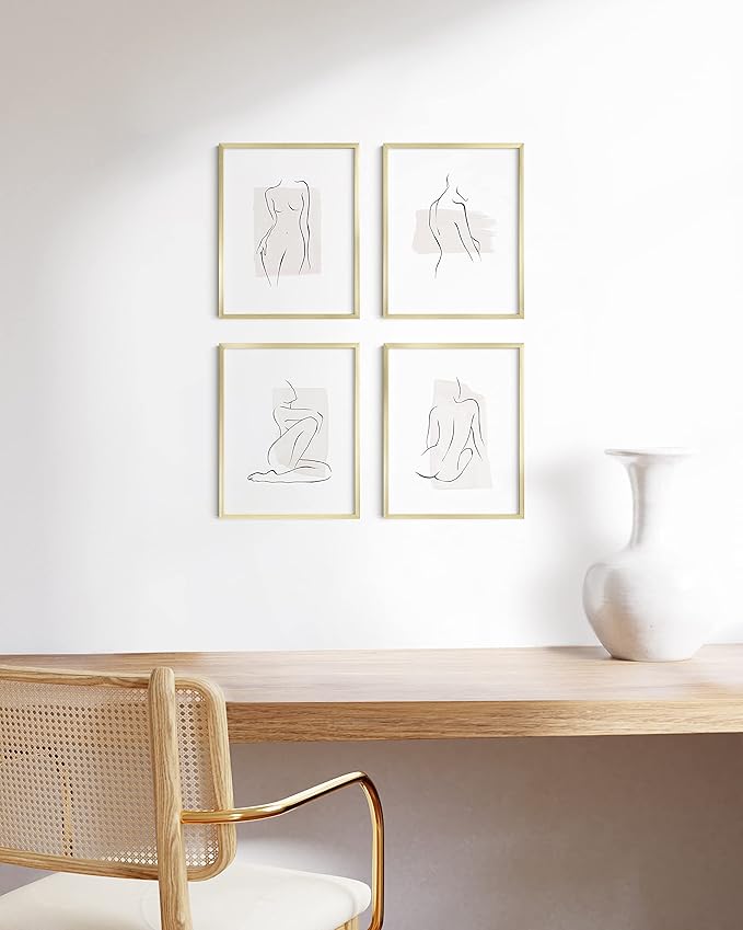 HAUS AND HUES 11x14 Gold Picture Frames - Modern Aluminum Wall Display - Lightweight Frames for Photos, Posters, Certificates - Ready-to-Hang Vertically & Horizontally (Set of 4)