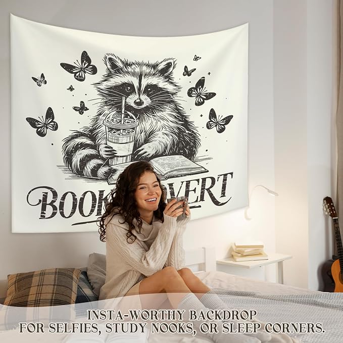 STHTTSW Reading Tapestry, Classroom Booktrovert Raccoon, Bookish Wall Hanging Decor for Dorm Bedroom 50x60 Inch