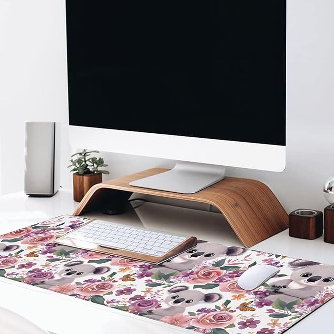 Koala Large Gaming Desk Mat,Rubber Non-Slip Cute Floral Pastel Blossom Mouse Pad,31.5x11.8x0.12in Extended Animal Mousepad,Game Lover Mice Pads Gifts,Office Home Deskmat Decor