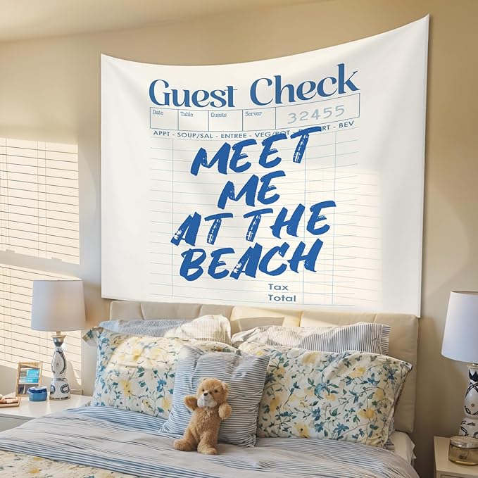 STHTTSW Meet Me at the Beach Tapestry, Trendy Coastal Tapestries Wall Blanket, Blue Typography Ocean Wall Hanging Decor for Beach Bedroom House Cabin Kitchen Living Room, 50x60 Inch