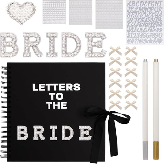 BINBE 10 x 10 Inch Letters to The Bride Scrapbook Kit DIY Blank Paper Scrapbook Photo Album Wedding Memory Book Bridal Guest Book Sign with Pearl Stickers, Letter Patches, Bows Black