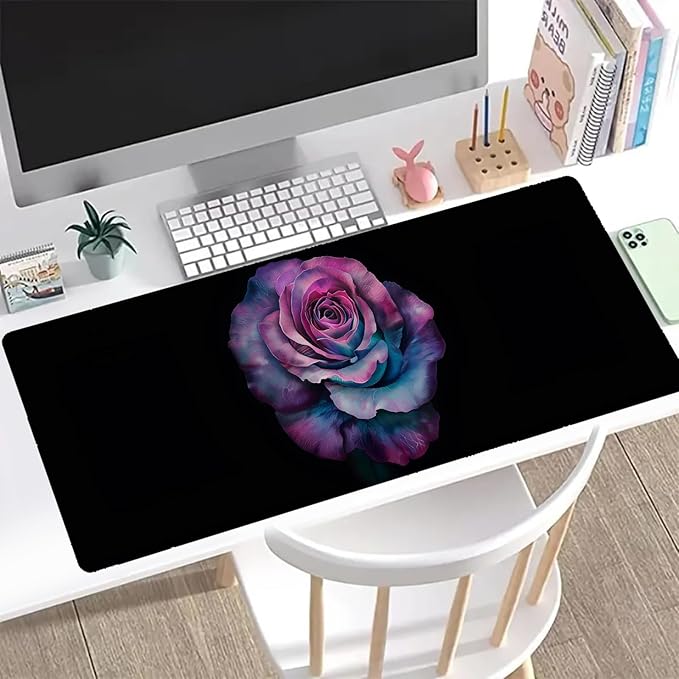 Purple Rose Gaming Mouse Pad, Office Desk Mat, Anti-Slip Rubber Base Cool Aesthetic Mouse Pads for Computer Laptop Keyboard School Home Desktop Gamer Home Accessories Decor 31.5" x 11.8"