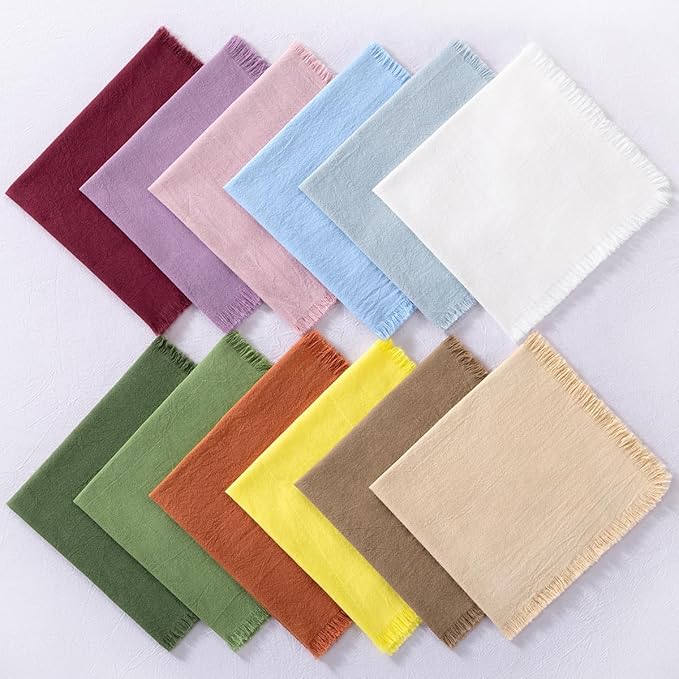 12 Pack Purple Cotton Linen Napkins with Fringe Spring Cloth Napkins Set of 12 Boho Handmade Dinner Napkins Bulk for Wedding Bridal Baby Shower Valentine's Day, 17 x 17 Inches