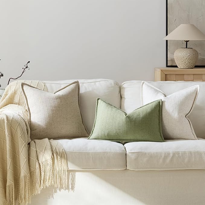 22x22 Linen Pillow Covers Natural Beige Pack of 2 Farmhouse Boho Neutral Accents Striped Textured Square Decorative Throw Pillow Cases for Living Room Couch Bed Home Decor