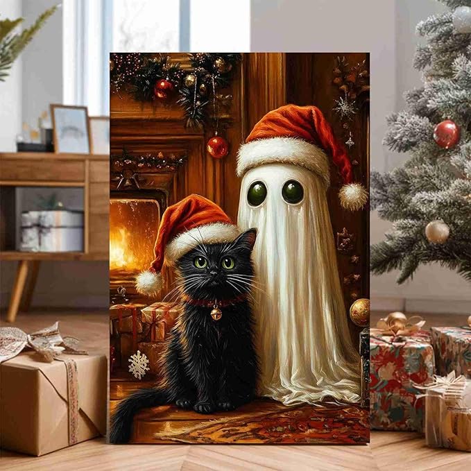 Christmas Pet Canvas Print Ghost and Cat Painting Christmas Cat and Ghost Whimsical Holiday Decor Rural Art print Indoor Decor for Home Living Room Bedroom Pet Lover Bedroom Framed Ready to Hang