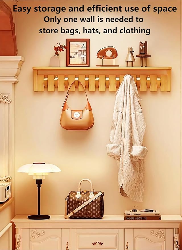 Wall Mounted Coat RackHooks Piano Key Hangers Natural Solid Wood Hanger Non-Woven Fabric Clothes Hangers for Closet, Kitchen, Bedroom, Bathroom, Entryway (Tray Walnut-Beech, 10 Hooks)