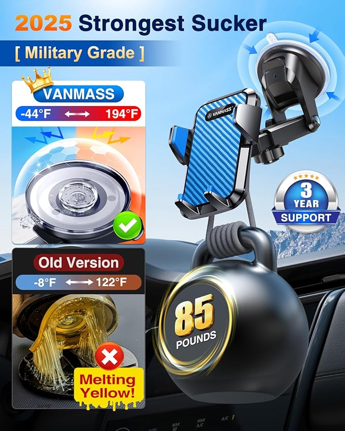 VANMASS 【85+LBS Strongest Suction & Military-Grade 2025 Ultimate Car Phone Mount【Patent Safety Certs】 Cell Phone Holder Truck Stand Dashboard Windshield Vent for iPhone 16 15 Pro Max 14 Samsung, Blue