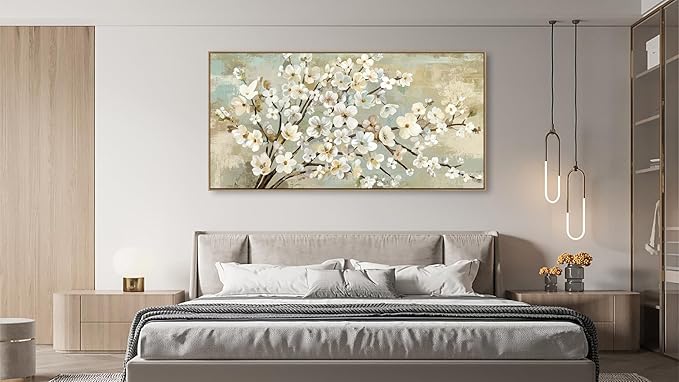 arteWOODS Flowers Framed Wall Art - Beige Flower Branches Canvas Pictures Wall Decor Rustic Brown Botanical Painting Artwork Elegant Floral Prints for Living Room Bedroom 58 x 29in Natural Wood Frame