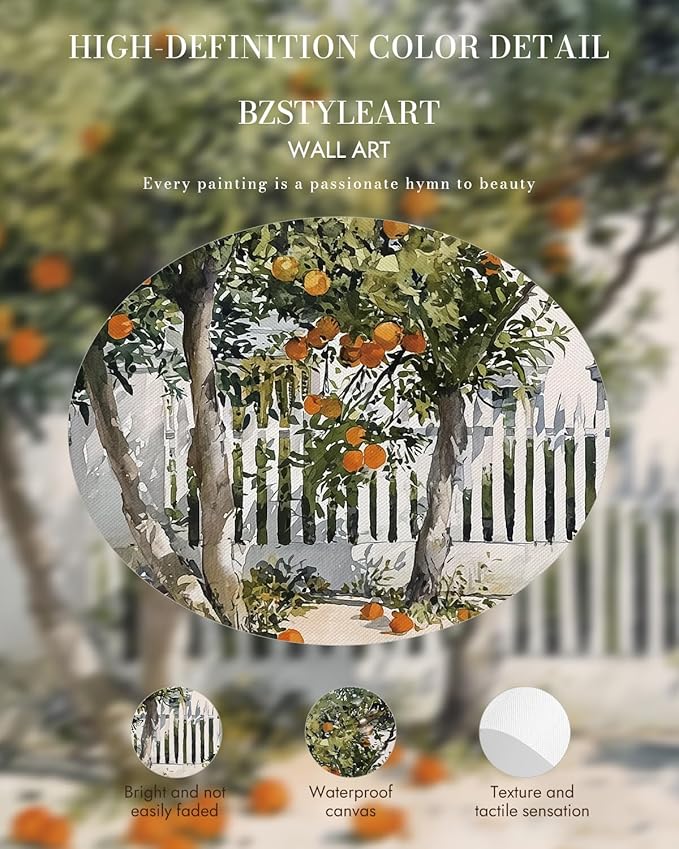 Bzstyleart Vintage Wall Art Decor for Living Room,Gold Framed Canvas Wall Art Home Decor Aesthetic,Orange Courtyard Prints,Canvas Picture Print Artwork,12 x 16 Inch