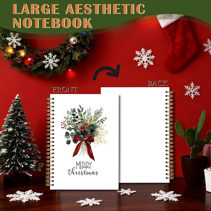 Exqcom Christmas Eucalyptus Holly Spiral Notebook Gifts, Coquette Red Bow Berries Botanical Plant Journal for Women, Merry Christmas Hardcover Notebook Journal Office School Supplies, 5.5x8.3 Inch