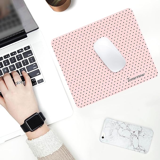 Seorsok Cute Pink Mouse Mat,Premium Textured Mouse Pads for Office Laptop,Washable Square Mousepads with Extended Stitched Edges Non Slip Rubber Base 9.5"x7.8"x0.12"Inch,Black Polka Dot Design