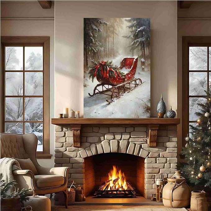 Vintage Christmas Canvas Wall Art Holiday Ride Painting Snowy Woodland Print Classic Sleigh Wall Decor Rustic Landscape Poster Indoor Decor for Offices Living Room Bedroom farmhouse Winter Holiday