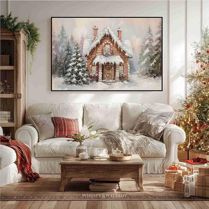 Snowy Cabin Wall Art Christmas Landscape Print Watercolor House Poster Festive Holiday Canvas Print Rustic Winter Scene Wall Decor Indoor Decor for Living Room Bedroom Kitchen Framed Ready to Hang
