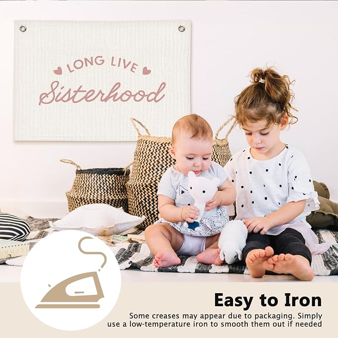 Pink Long Live Sisterhood Girls Room Decor - Linen Banner Wall Hanging Canvas Banner Flag Decor for Girly Nursery Toddler Playroom Bedroom Dorm Apartment