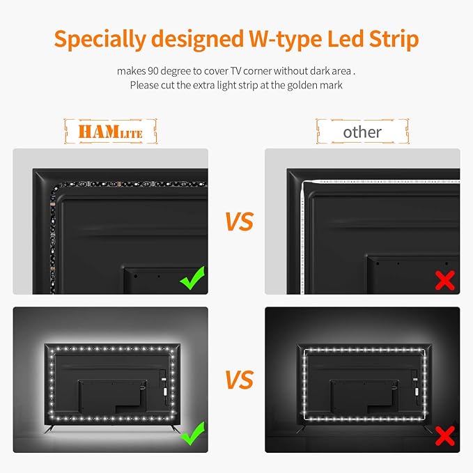 HAMLITE TV LED Backlight USB Powered, 6500K White PC Monitor Bias Lighting for 60-65inch TVs, 14.8Ft RGBW Led Light with RF Remote, 20 Color Changing LED Background Room Decor