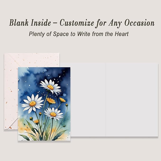 Elegant Blank Inside Greeting Card with Envelope, 5x7 Inch Watercolor Daisy Greeting Card for All Occasions - Birthday, Sympathy, Thank You - Single Card