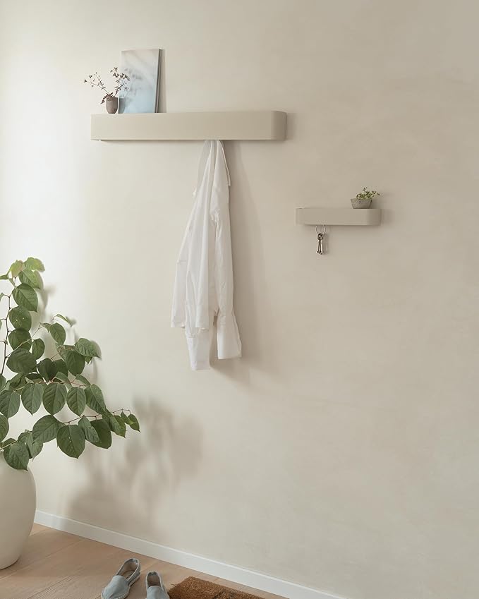 Kazai.®️ Coat Rack Wall Mount with Shelf 'Tone' | Modern Design Coat Hanger with Hidden Hooks and Storage | Hat Rack with Shelf in Metal | Wall-Mounted Purse Organizer | Taupe