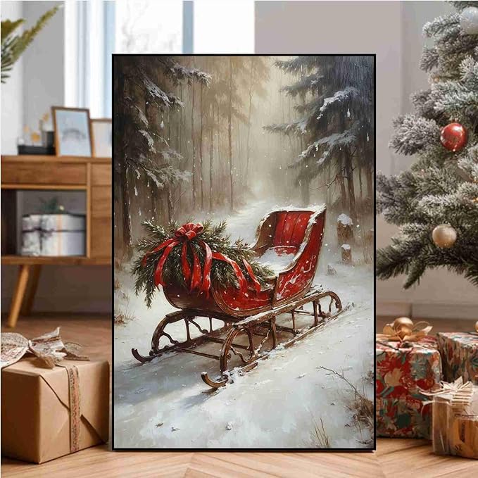 Vintage Christmas Canvas Wall Art Holiday Ride Painting Snowy Woodland Print Classic Sleigh Wall Decor Rustic Landscape Poster Indoor Decor for Offices Living Room Winter Holiday Framed Ready to Hang