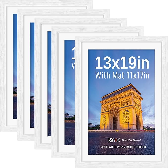 VCK 13x19 Picture Frames White Set of 5, Wide Border Wood, Tempered Glass, Display 11x17 Photo with Mat or 13 x 19 without, for Home, Office, Gallery, Woodgrain Series, Wall Hanging