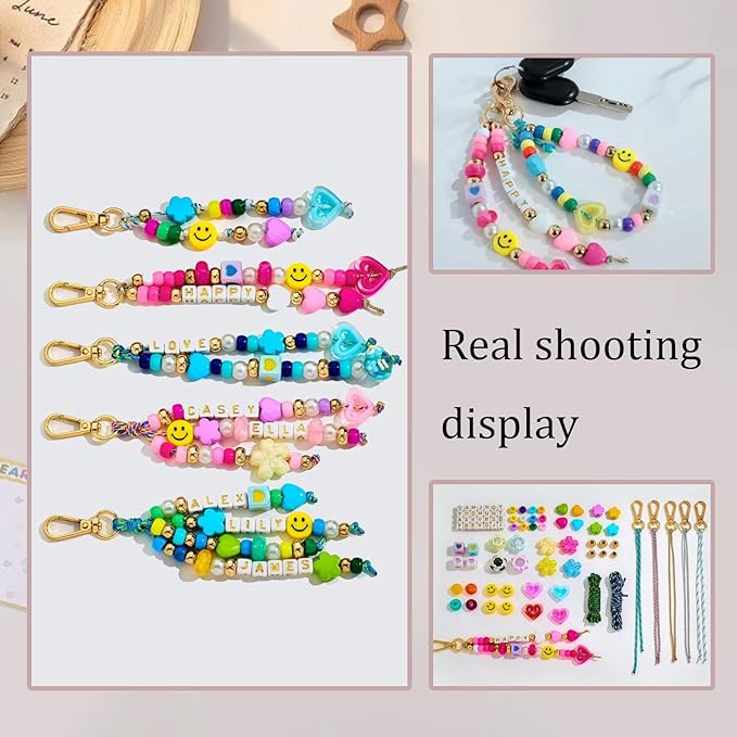 Pony Beaded Keychain Making Kit for Girls Women, 421 Pcs Personalized Jewelry Making Kit for Bag With Heart Flower Letter, DIY Key Charms Charm Supplies Crafts Accessoriess for Birthday Christmas