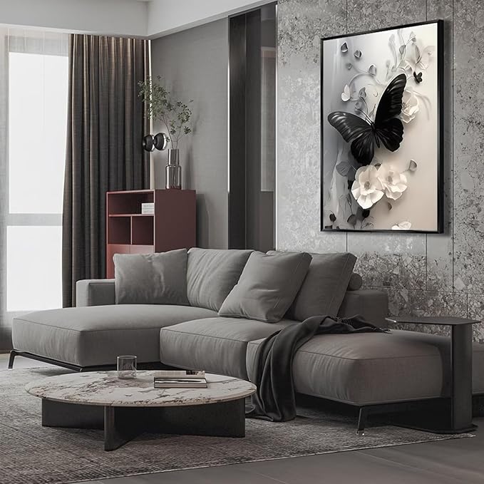 Black Butterfly with Flowers Canvas Poster Modern Minimalist Wall Art Trendy Elegant Painting Prints Vintage Nature Botanical Aesthetic Home Decor for Bedroom Living Room 24x36inch Metal Black Framed
