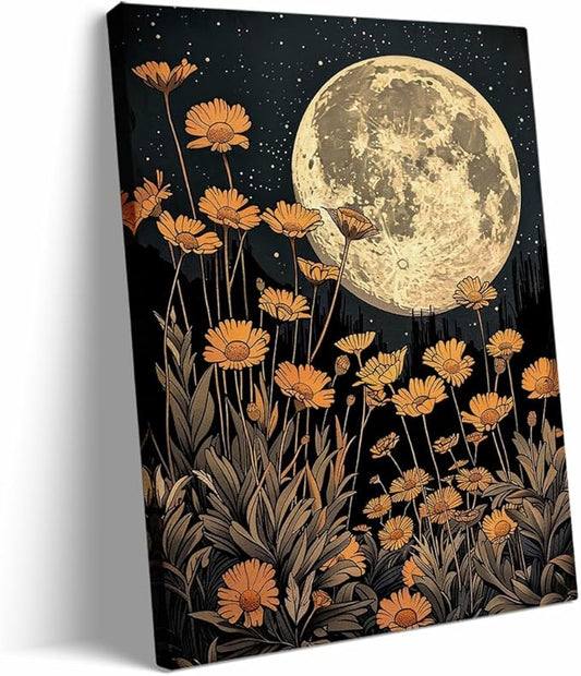 Dark Moody Moon And Flowers William Morris Art Print, Dark Cottagecore Celestial Wall Art, Etheral Moonlight Academia Decor, Gothic Art for Office Bedroom Living Room 8x12in Frame wall art