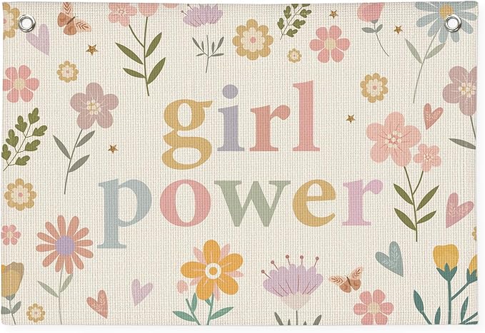 Girl Power Flower Wall Hanging Banner - Linen Flag Decor for Little Girl's Room, Baby Girl, Toddler Room Wall Decor