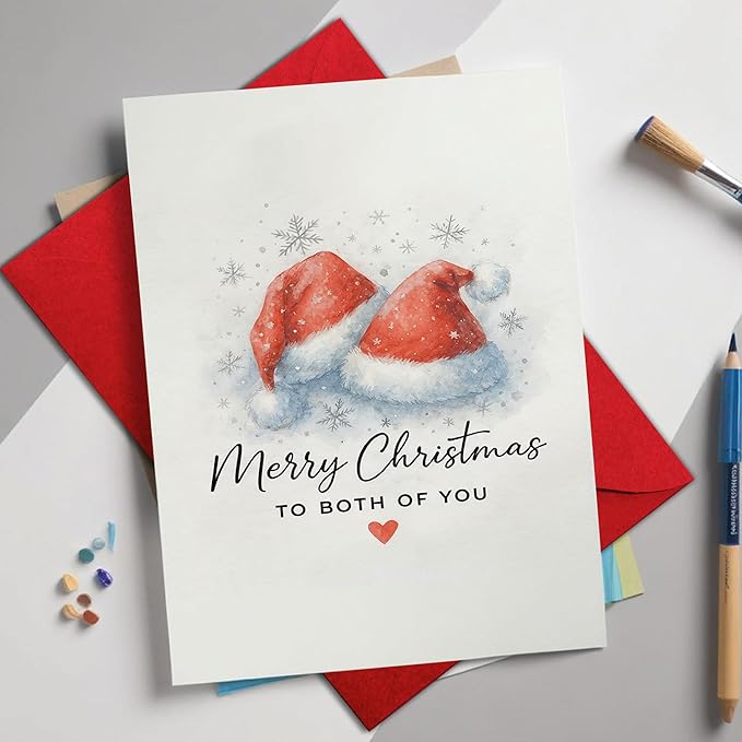 (5.3x8in) Merry Christmas to Both of You Card, Elegant Watercolor Santa Hats Design with Snowflakes Heart, Romantic Greeting Card for Couples, Friends Family, Festive Card with Envelope (Xmas 43)