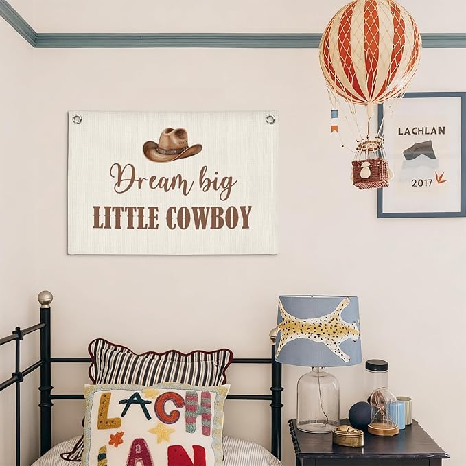 Vintage Western Cowboy Nursery Decor Wall Art,Dream Big Little Cowboy Linen Banner Print,Western Wall Decor Hanging Banner Flag for Kids Boys Toddler Nursery Bedroom Playroom 30x20 Inch